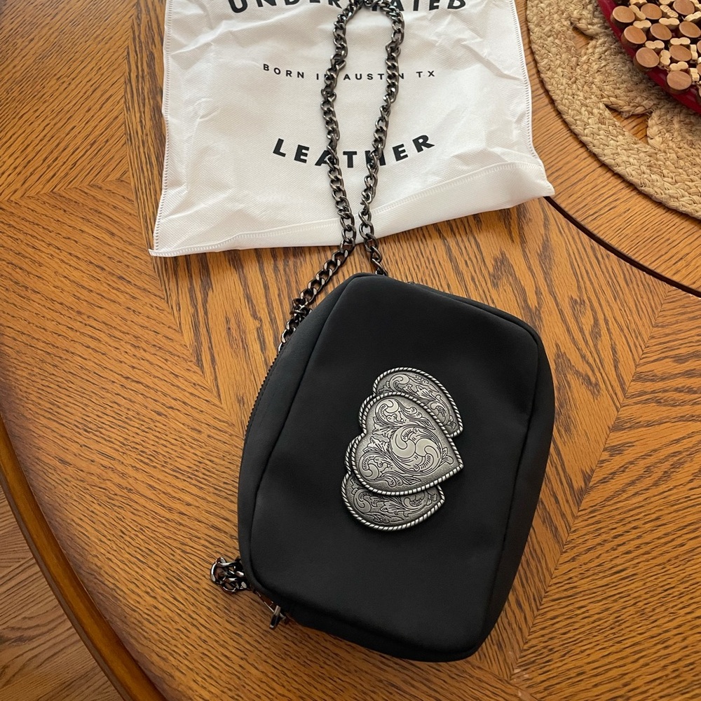 Black Crossbody Bag with Silver Heart Medallion - Underrated Leather